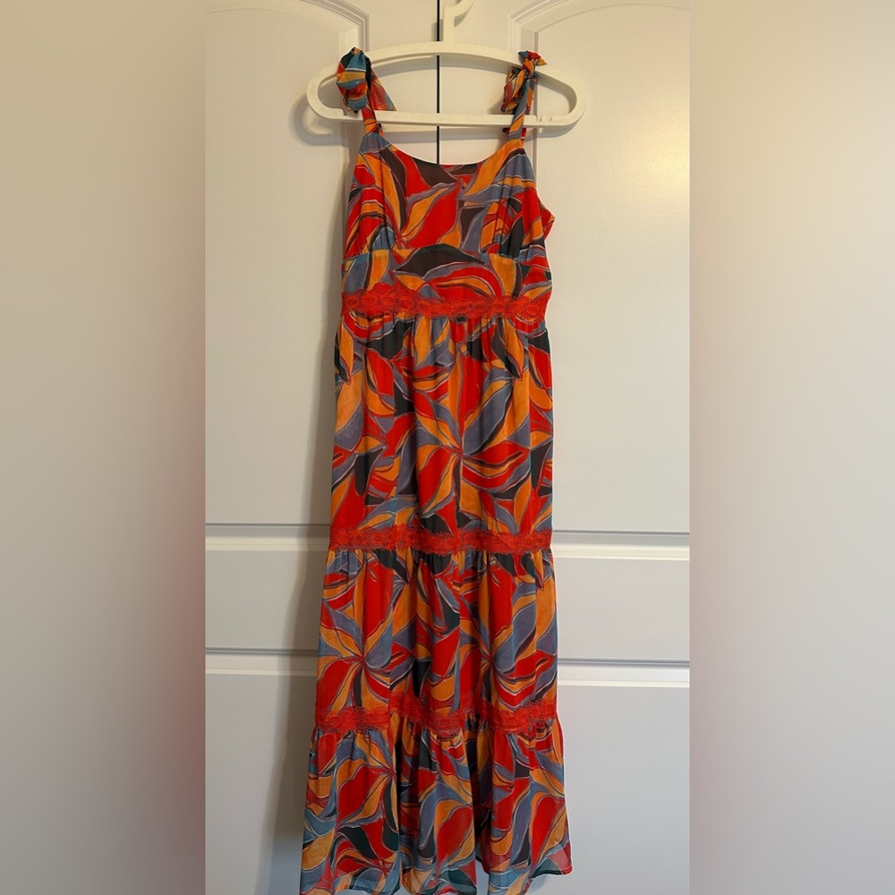 Adelyn Rae Isla,  Orange, Blue, Green, Tropical Midi Dress. MEDIUM